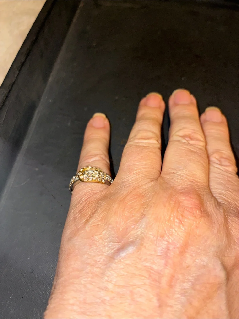 Gold-Tone Buckle Stretch Ring with Clear Pavé Crystals